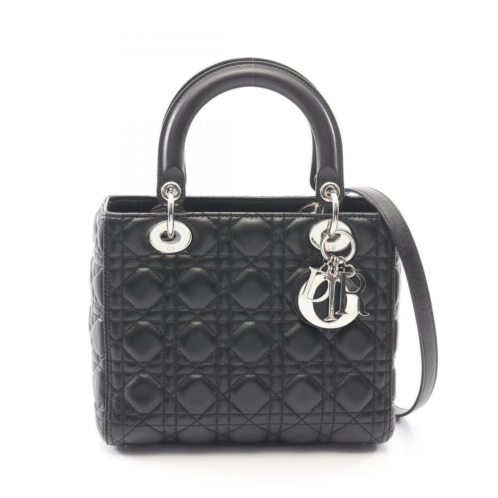 Christian Dior Lady Cannage Handbag Leather Black
